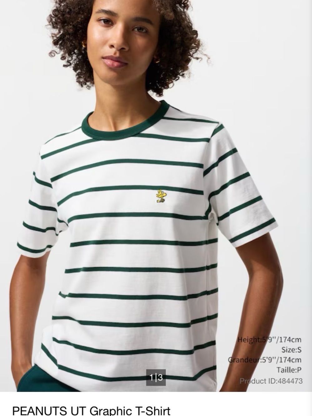 UNIQLO White & Dark Green Striped Crewneck T-Shirt with Peanuts Embroidery